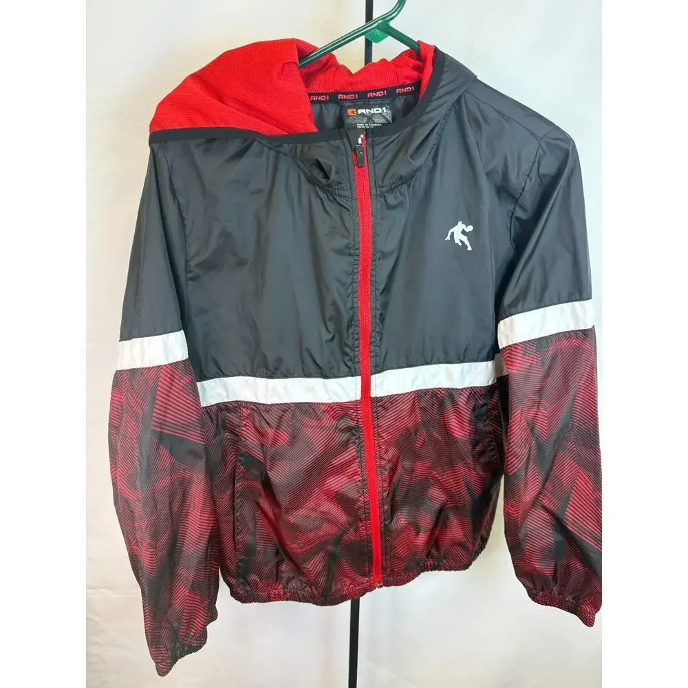 AND1 Youth Windbreaker Jacket Red Black Athletic Hooded Zip Lightweight XL 14/16